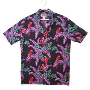 Vintage Paradise Found Hawaiian Shirt Men L Black Purple Parrot Jungle Magnum PI